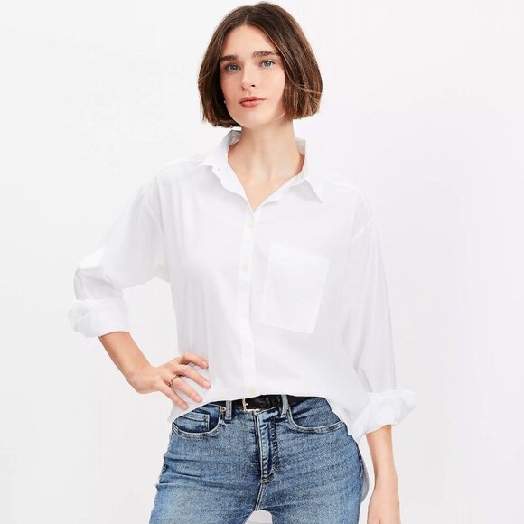 Loft Petite Cotton Blend Everyday Oversized Pocket Shirt - Picture 1 of 11